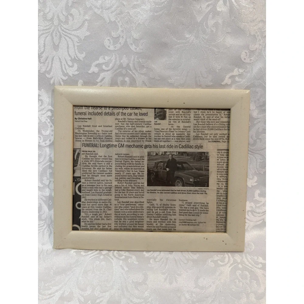 image framed‎ newspaper clipping funeral Lee Randall longtime Cadillac mechanic
